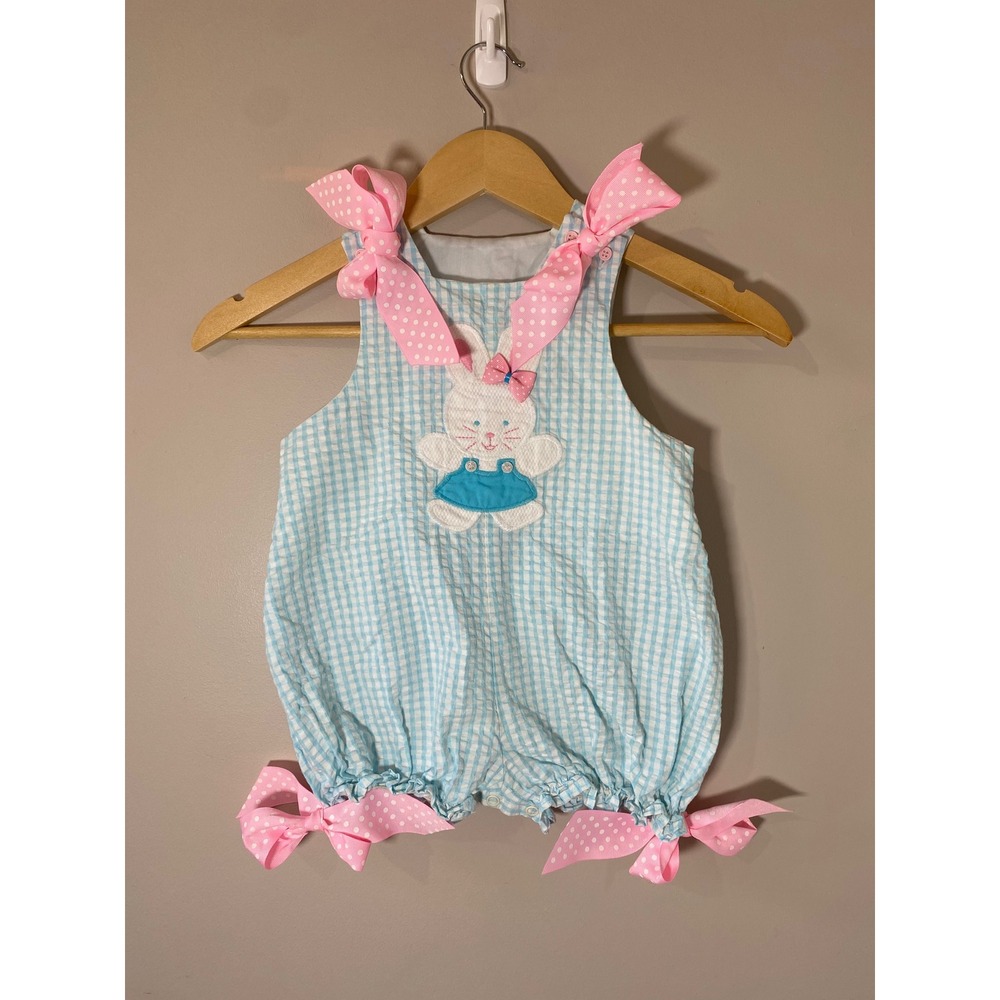 The Bailey Boys Whimsical Easter Blue Gingham Seersucker Bunny Bubble Romper 24M